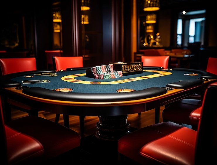 Blackjack game table at Bikini Paradise with cards and dealer